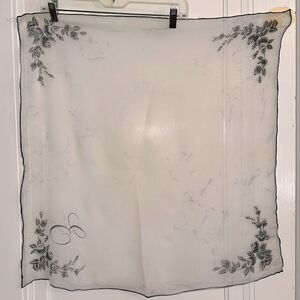 Vintage 60s large white semi sheer polyester chiffon‎ scarf/black flowers & “E”